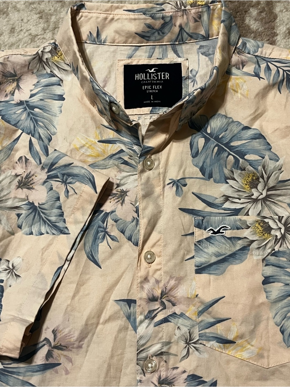 Hollister Mens Large Beige Floral Epic Flex Short Sleeve Hawaiian Shirt L